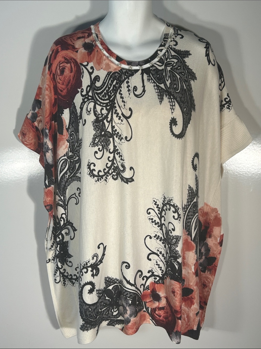 Chico's Oversized Ivory Rose Pearl Trim Poncho Sweater Top Dressy Casual Artsy